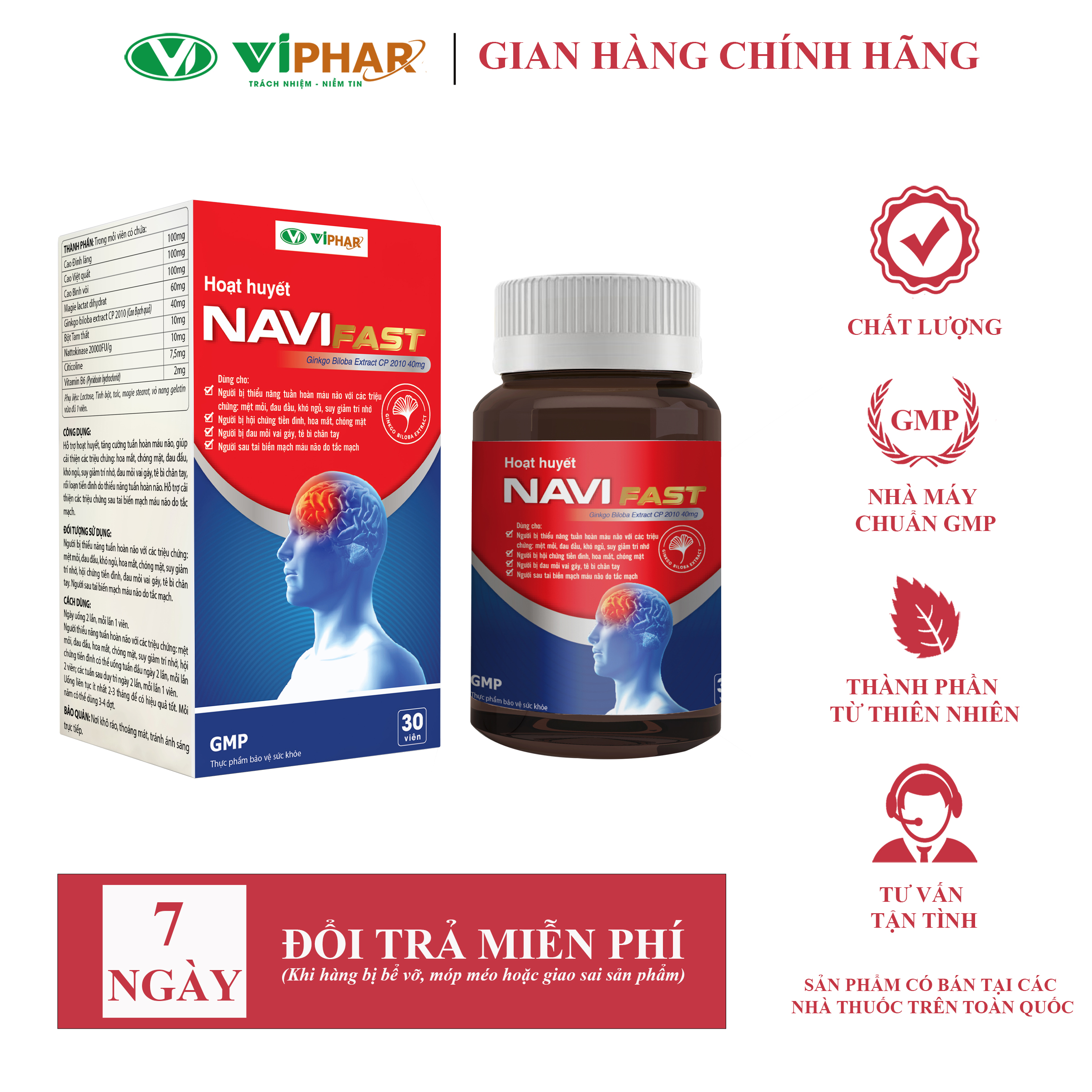 Viên Uống Giúp Bổ Não, Ngủ Ngon, Tăng Cường Trí Nhớ, Giảm Đau Đầu, Hoa Mắt, Chóng Mặt, Rối Loạn Tiền Đình, Đau Mỏi Vai Gáy NAVI FAST VIPHAR Hộp 30 Viên