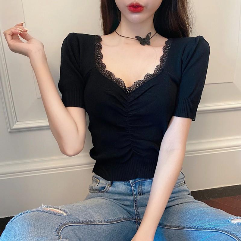 Áo Thun Dệt Kim Tay Phồng Phối Ren Xinh Xắn Cho Nữ