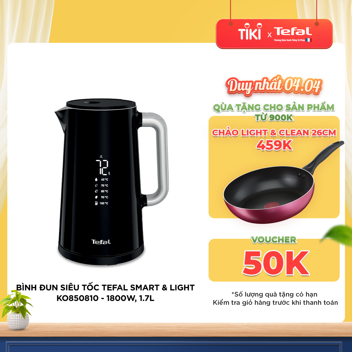 Bình đun siêu tốc thông minh 1.7L Tefal Smart &amp; Light KO850810 - 1800W - Hàng chính hãng