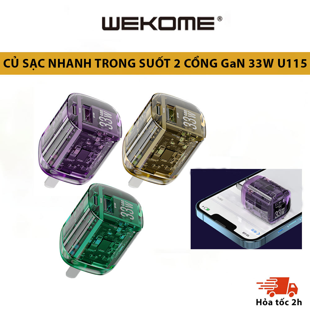 Bộ củ cáp sạc nhanh WEKOME 33W U115 trong suốt 2 cổng sạc usb và type C cho mọi loại máy