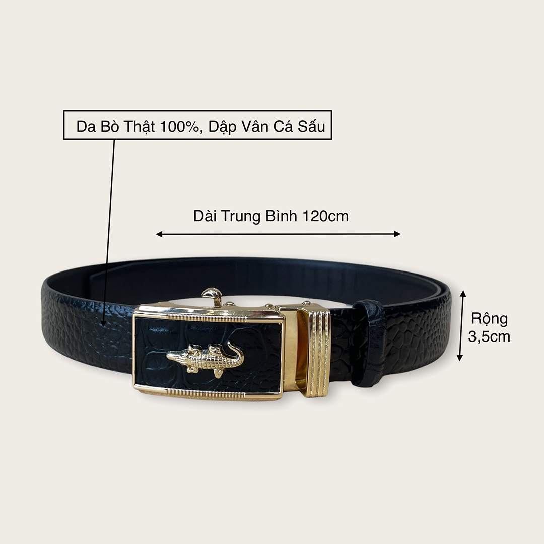 Thắt Lưng Nam Da Bò Dập Vân Cá Sấu TM824 Khóa Tự Động Bản Rộng 3.5cm Màu Đen Full Hộp