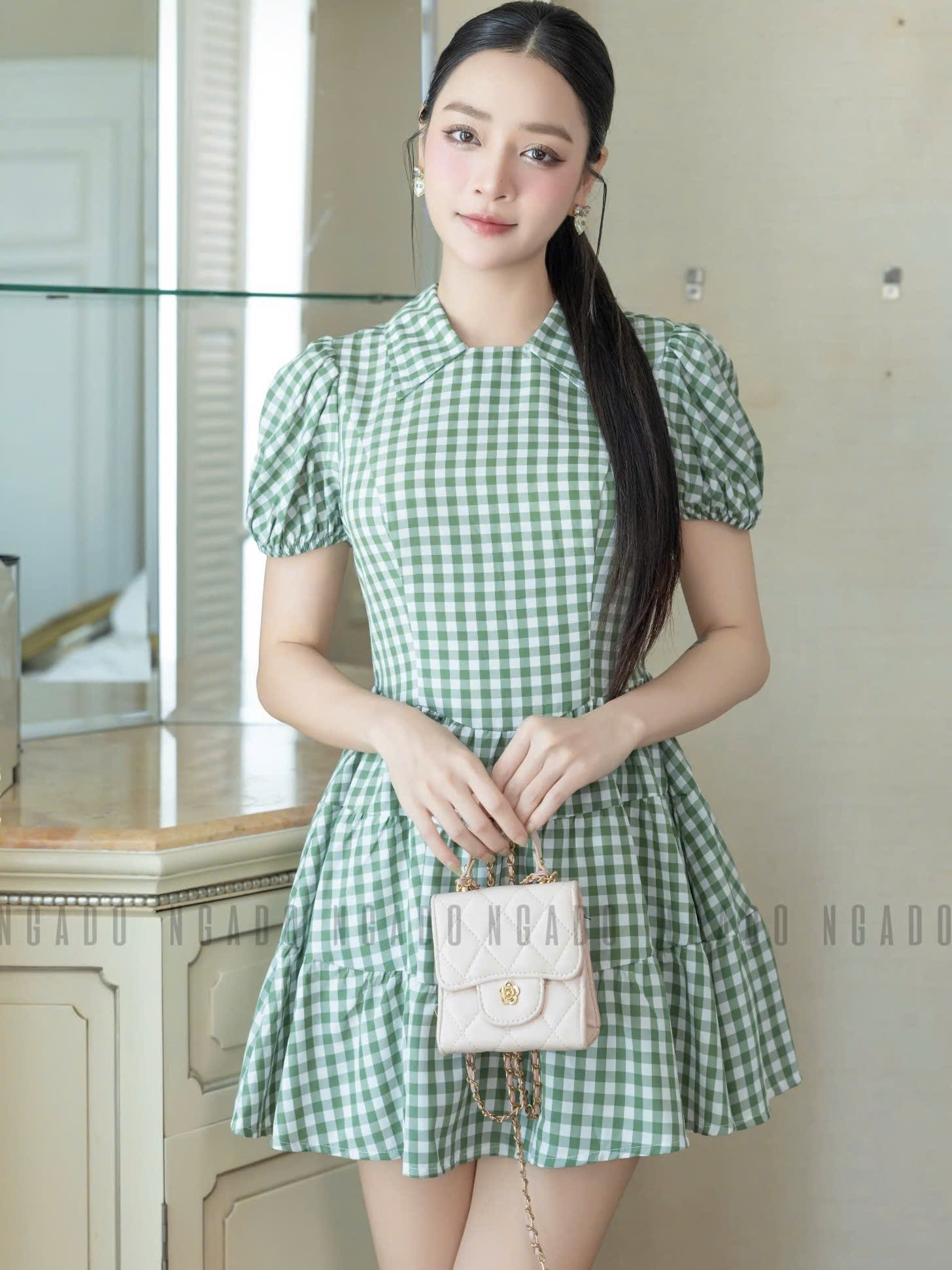 Đầm caro xanh cổ sơ mi NGADO , đầm kẻ caro , đầm kiểu Nữ