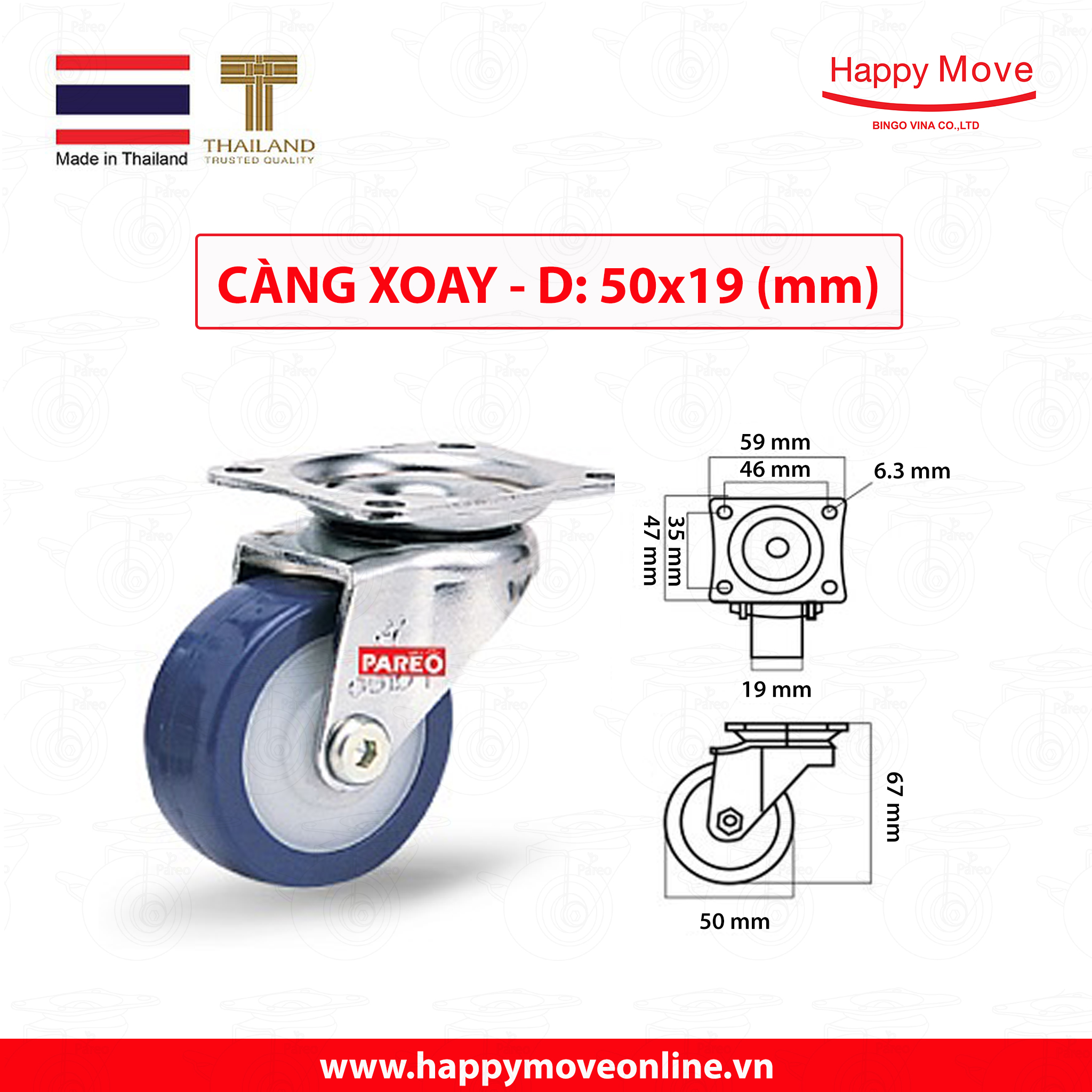 Bánh xe đẩy PU tải nhẹ càng xoay 360 độ - 50-65-75mm - Happy Move Thái Lan