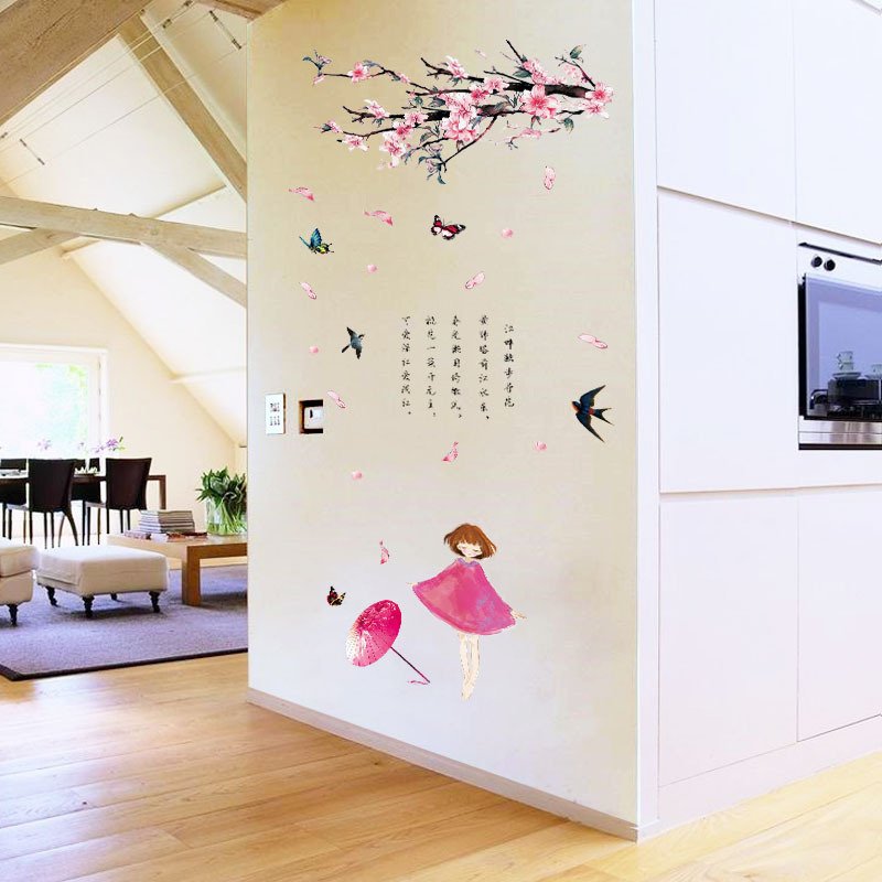Decal dán tường cô gái hồng cành hoa đào thơ mộng
