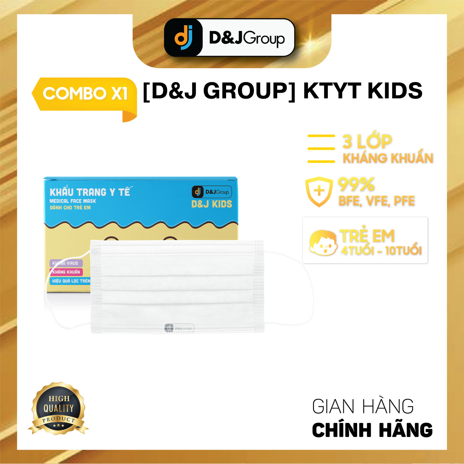 [COMBO 1 HỘP - D&amp;J KIDS] Khẩu trang y tế trẻ em 3 lớp kháng khuẩn đạt chuẩn cao cấp (50 cái/ hộp)