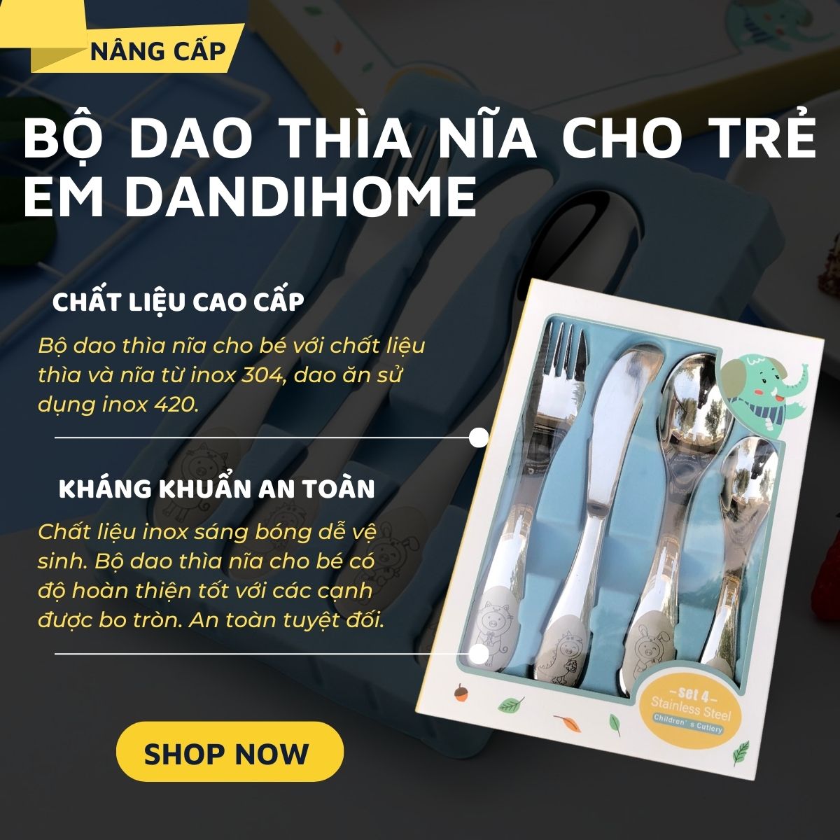Bộ dao thìa nĩa tập ăn cho bé DandiHome inox 304 cao cấp - Có các lựa chọn