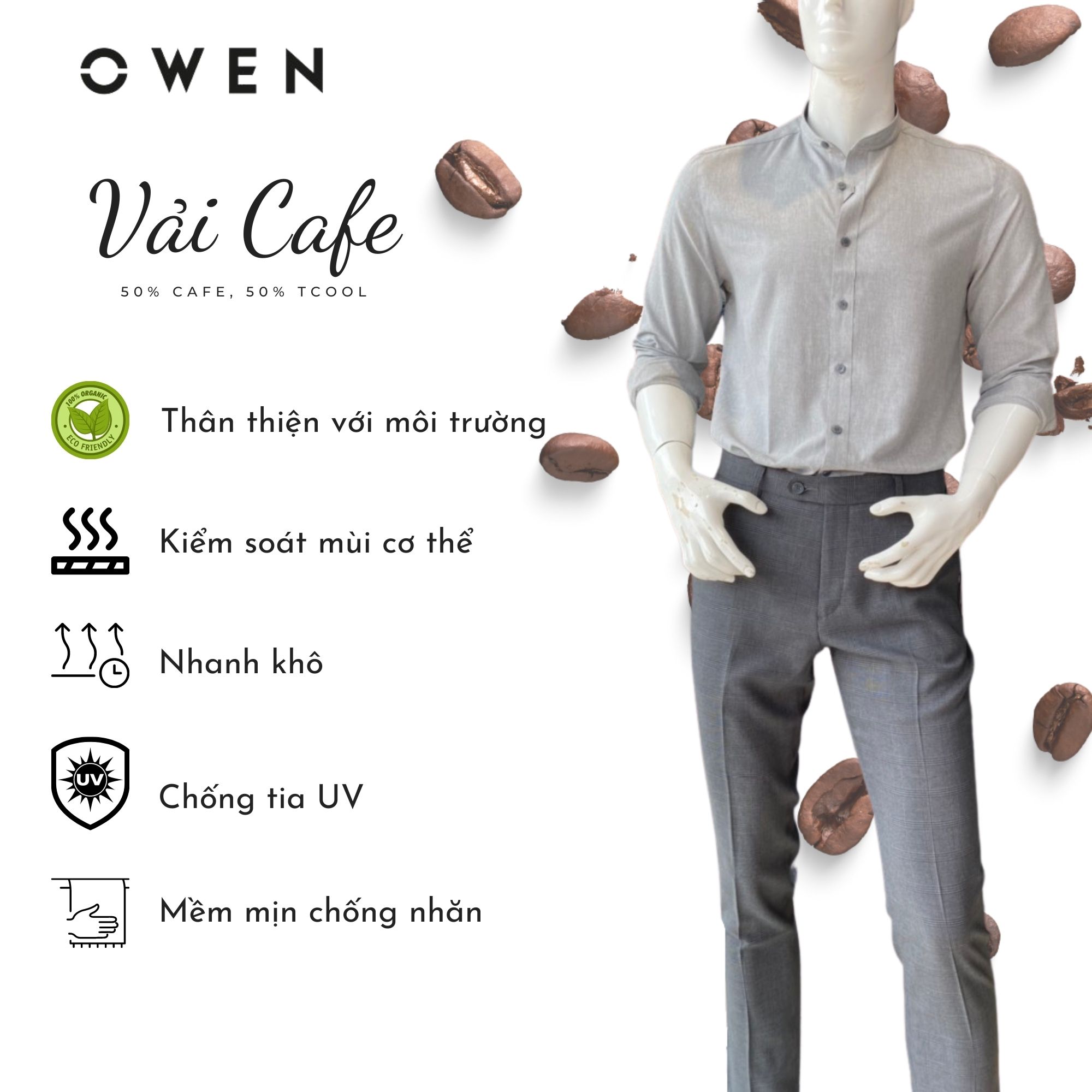 OWEN - Áo sơ mi dài tay OWEN SLIMFIT cổ tàu chất cafe 22731