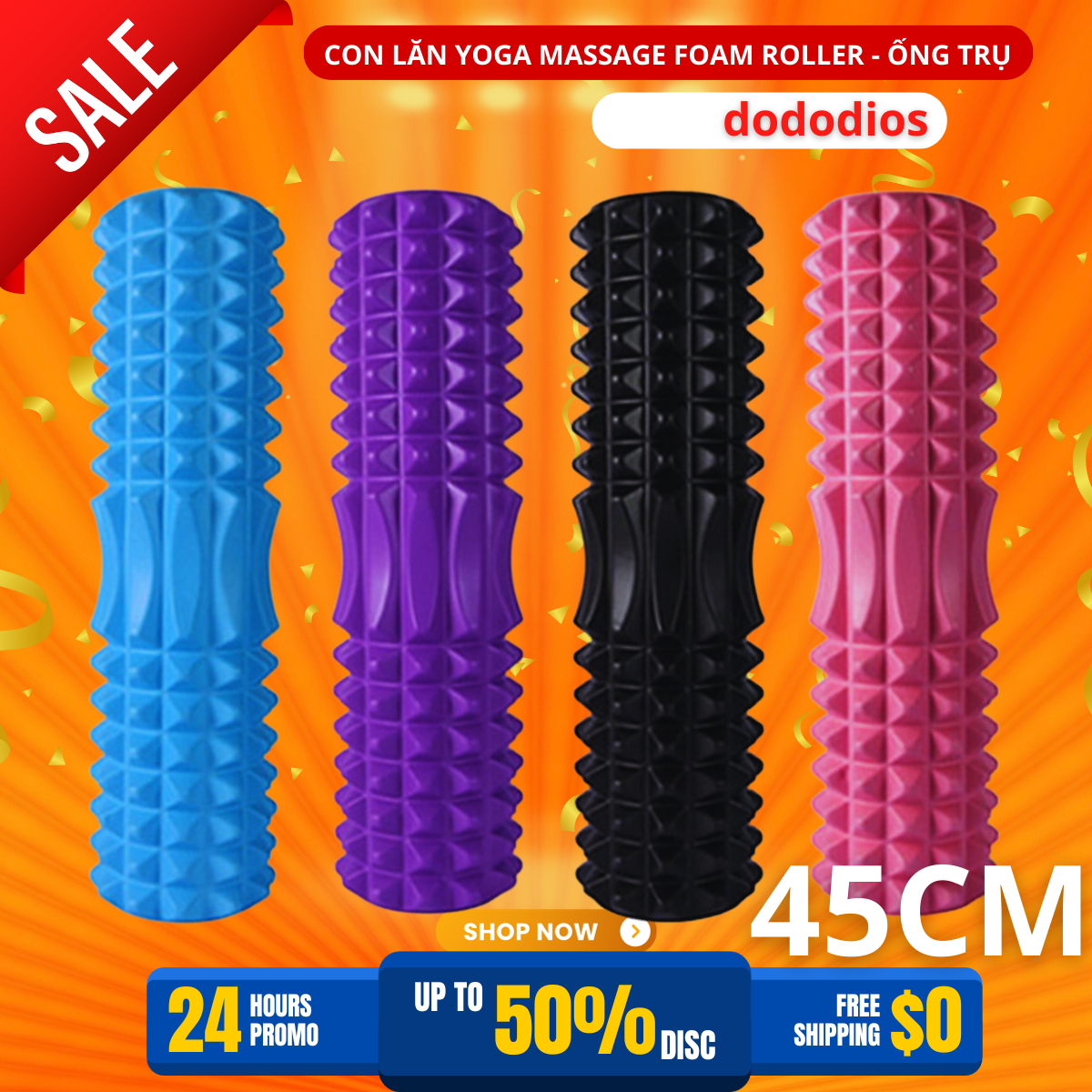Con Lăn Yoga Massage Foam Roller Ống Trụ Xốp Tập Thể Thao Giãn Cơ Có Gai Roam Rollet Cao Cấp Chính Hãng Dododios - Hồng, Gai Dẹt Dài 4512Cm