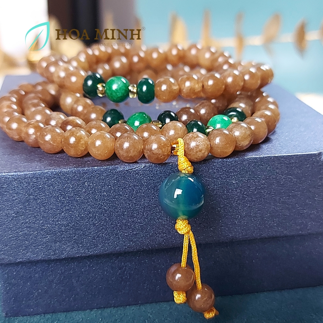 Vòng tay chuỗi 108 hạt đá Mã Não màu nâu ngọc hoà điền size 6.5 li phối bánh xe mã não, cẩm thạch sơn thủy, tài lộc bình an