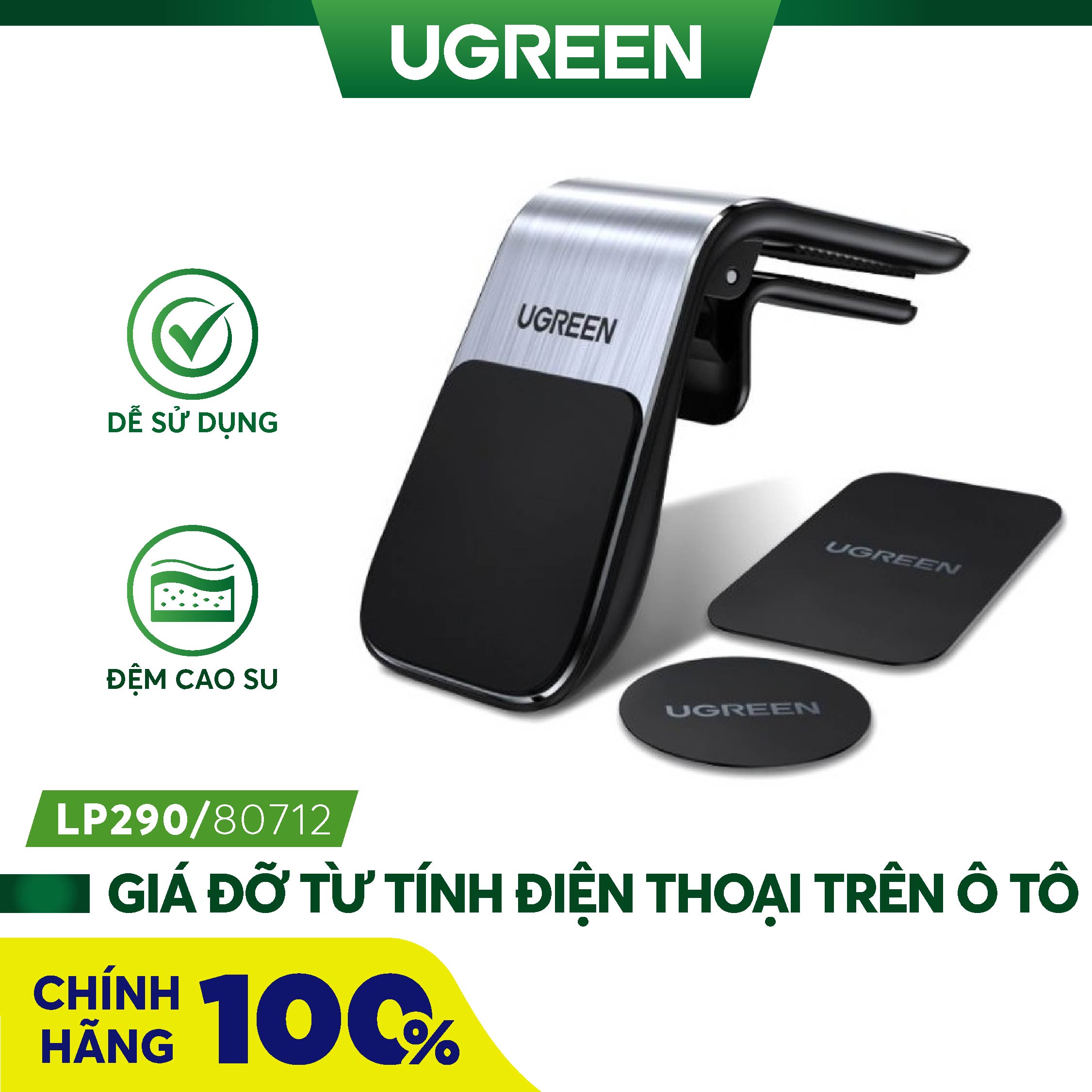 Giá đỡ từ tính điện thoại trên ô tô bằng nhôm UGREEN LP290 80712 màu đen - Hàng chính hãng