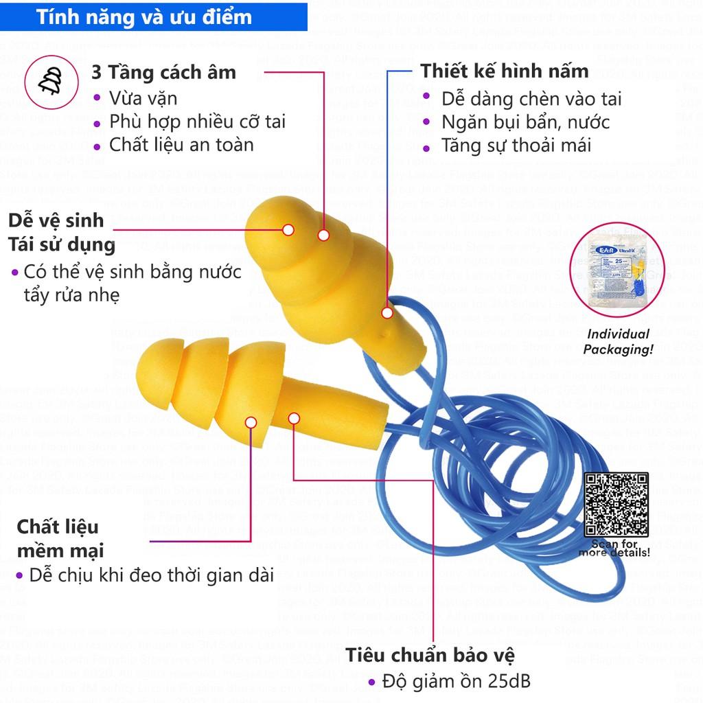 Nút tai chống ồn 3M Ultrafit 340-4004 - Bịt tai chống ồn, cách âm 3 tầng, có dây chống thất lạc - Xsafe