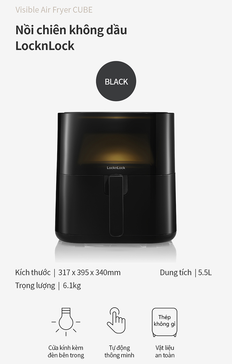 Nồi Chiên Không Dầu Locknlock Visible Air Fryer CUBE EJF996BLK - Hàng Chính Hãng