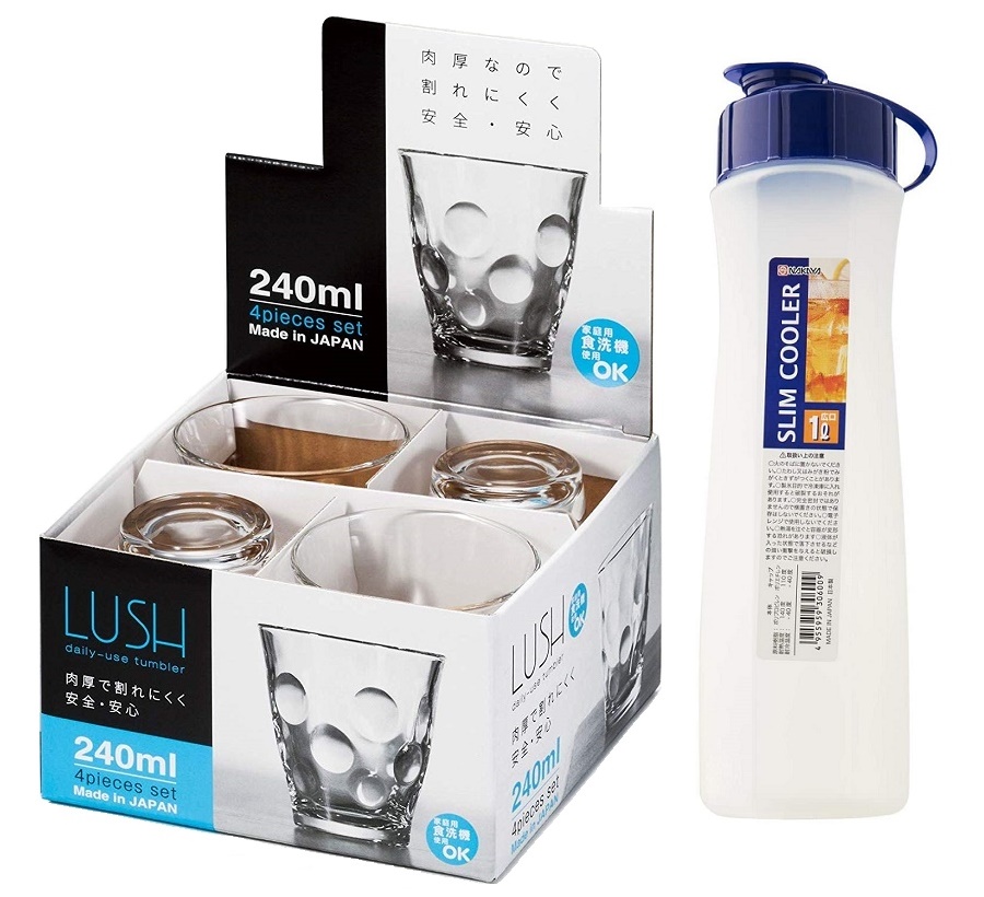 Combo hộp 4 chiếc cốc thủy tinh 240ml + Bình nước du lịch 1000ml hàng nội địa Nhật Bản