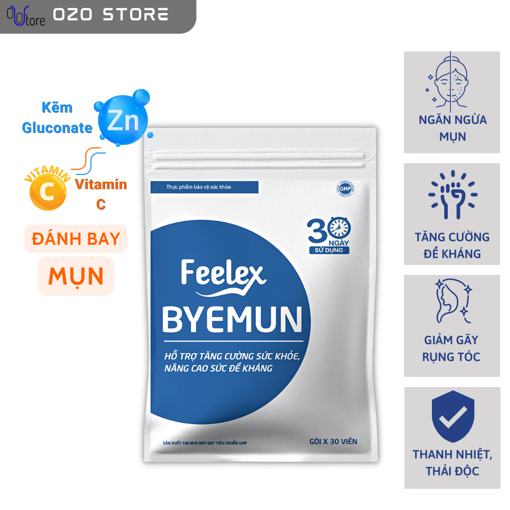 Viên uống Feelex Byemun Giảm Mụn viêm, Ẩn, Thâm, Đầu Đen Cho Da Dầu Mụn Bổ sung Kẽm ZinC,vitamin C gói 30 viên