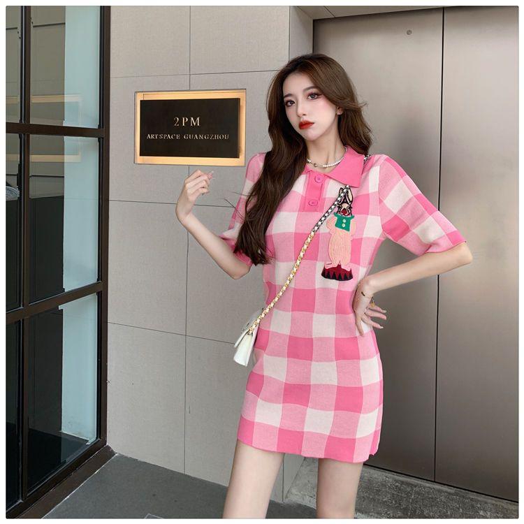 SHUANGYAN polo cổ màu hồng kẻ sọc dệt kim đầm mùa hè 2023 nhỏ lỏng lẻo thời trang ngọt ngào giảm tuổi váy