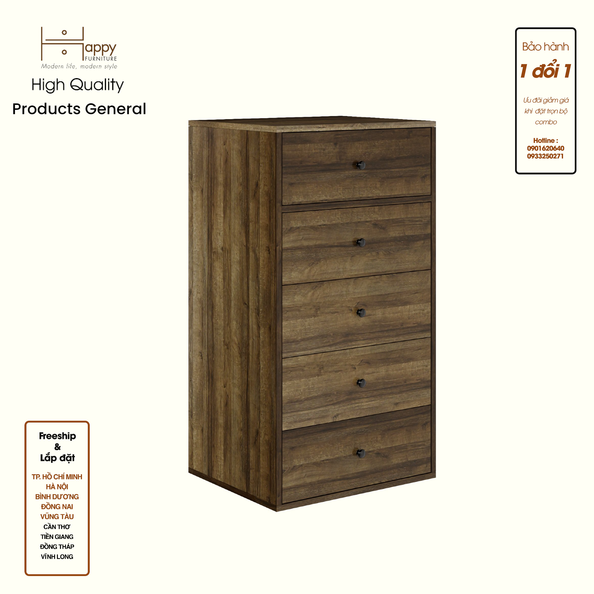 HAPPY FURNITURE , ZACY - Tủ lưu trữ 5 ngăn kéo , THK_216 , 55cm x 45cm x 102cm DxRxC, Sản phẩm phổ thông