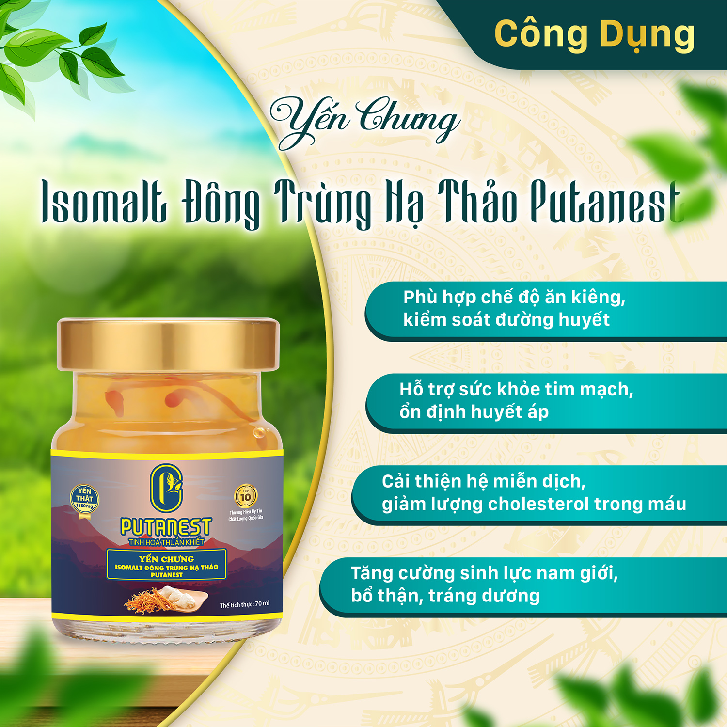 Yến chưng Isomalt Đông trùng hạ thảo PUTANEST hộp quà cao cấp 12 hũ 70ml cho người tiểu đường