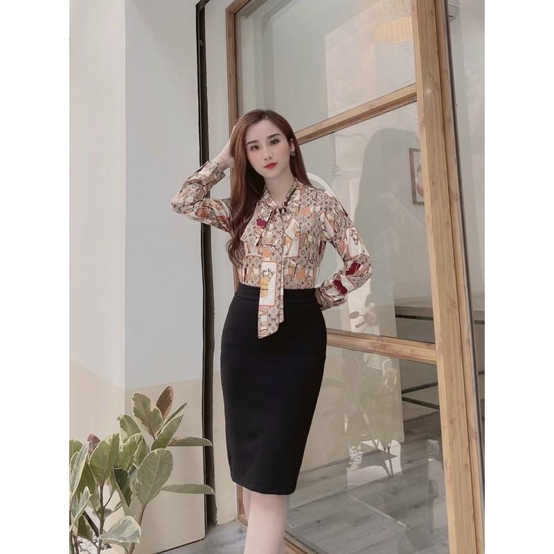 Áo sơ mi cổ nơ hoạ tiết chú ngựa dài tay siêu hót
