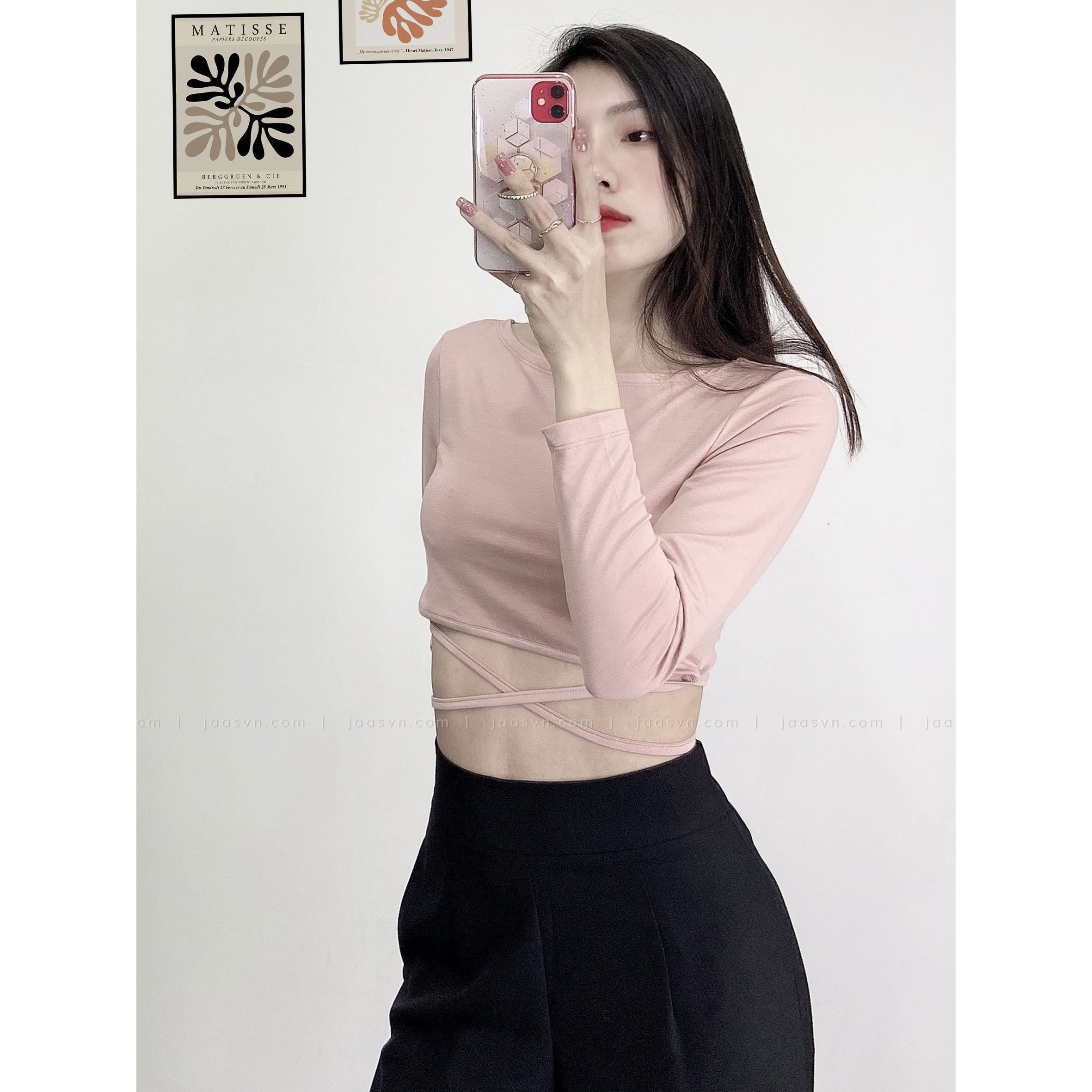 Áo croptop tay dài thắt dây eo cá tính