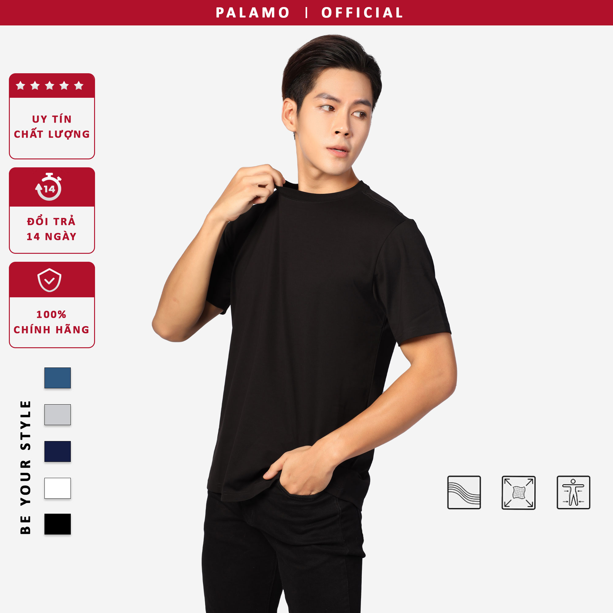 Áo thun nam classic Palamo cotton compact / màu đen regular fit