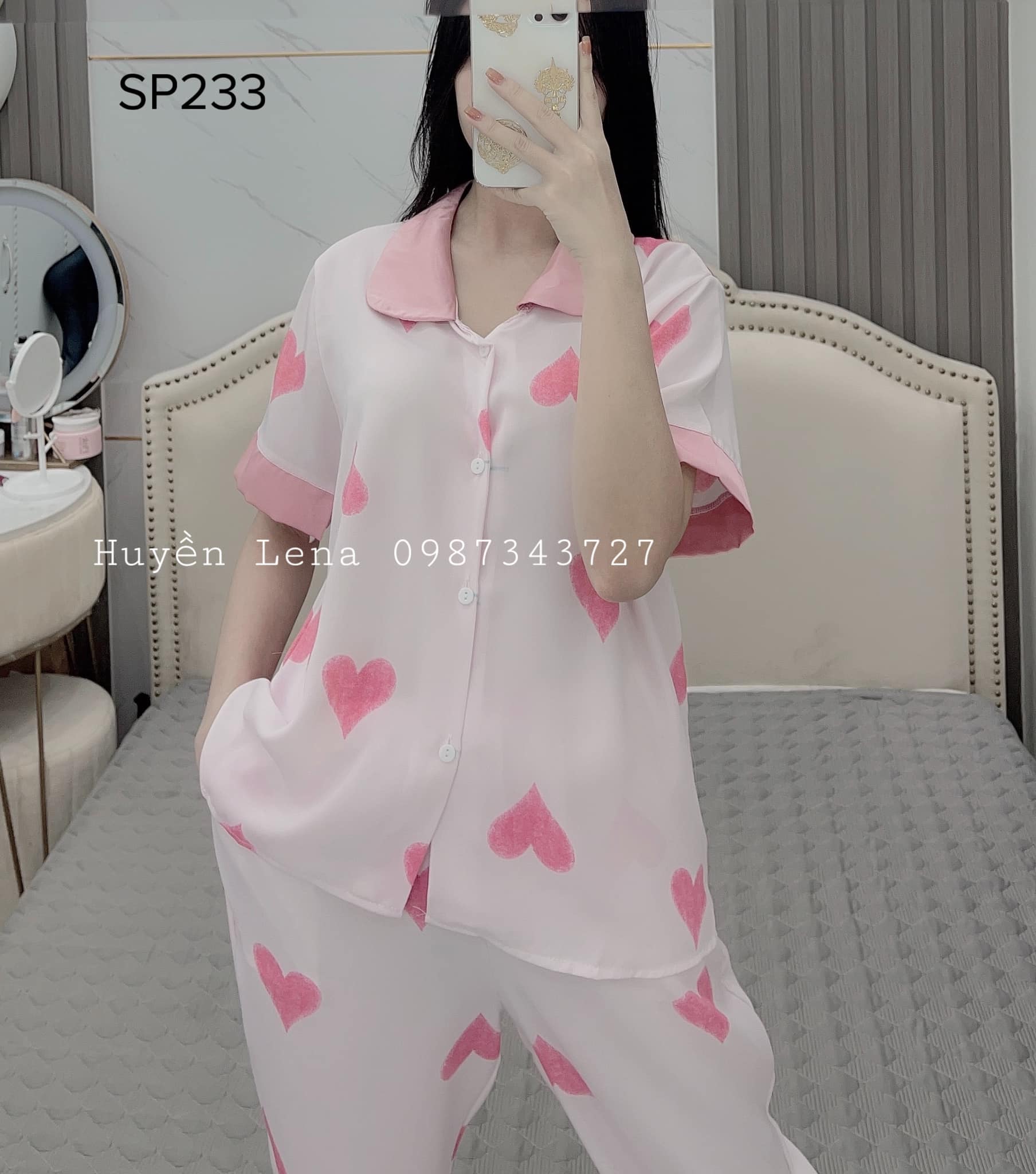 Bộ pijama cộc tay nữ lụa latin cao cấp, bộ ngủ nữ họa tiết tim vải siêu xịn DC07