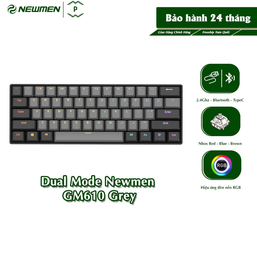 Bàn phím cơ không dây Dual Mode Newmen GM610 Grey, layout 61 phím, Hotswap, Đa chế độ kết nối, bảo hành 24 tháng - Hàng chính hãng