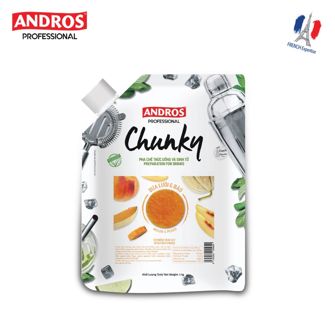 Mứt Trái Cây Pha Chế Dưa Lưới & Đào - Có Miếng Trái Cây Thật - ANDROS CHUNKY - 1KG