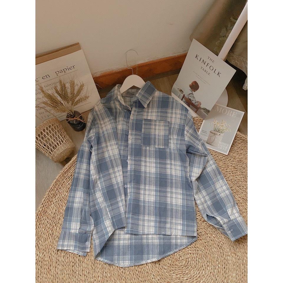 Áo sơ mi nữ dài tay kẻ caro xanh bản to unisex phong cách Hàn Quốc form rộng