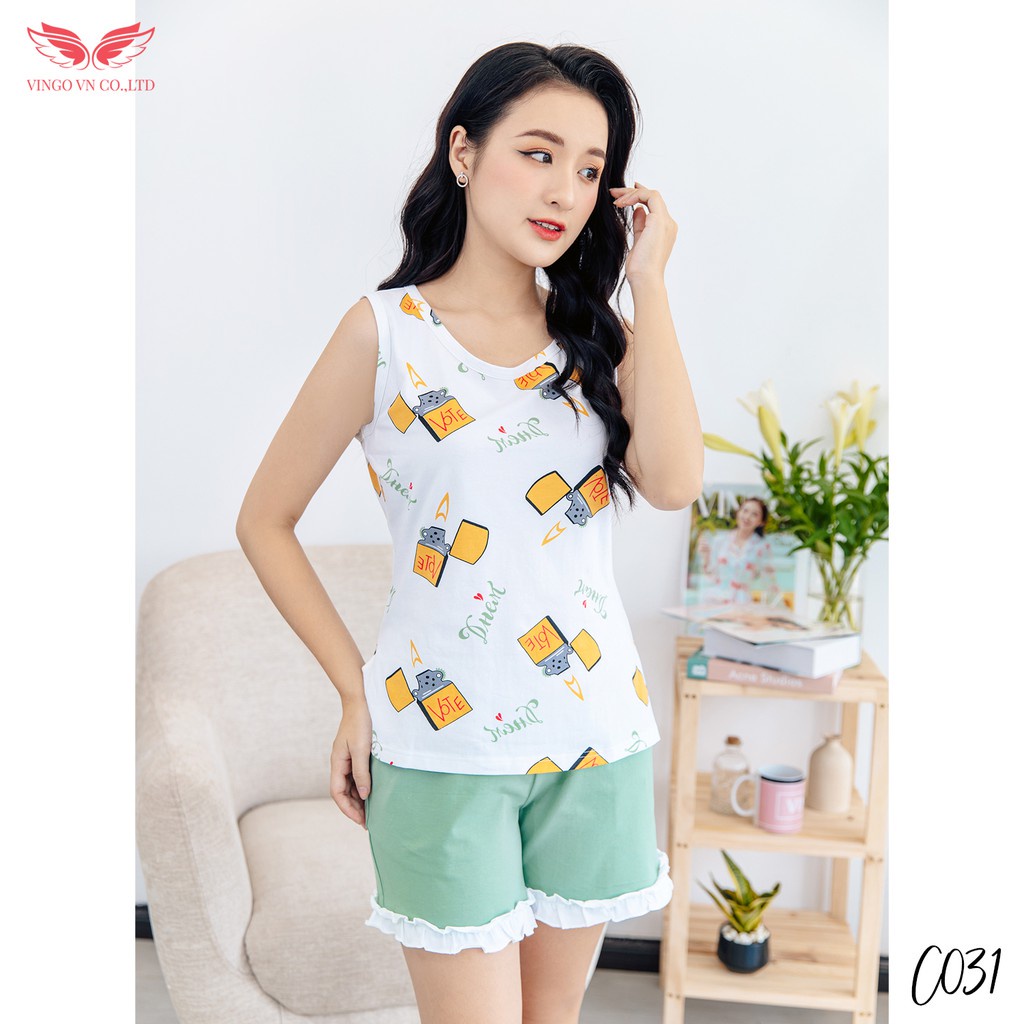 Đồ Bộ Nữ Pijama Mặc Nhà VINGO Chất Cotton Thoáng Mát Áo Ba Lỗ Sát Nách Quần Cộc Viền Bèo C031 VNGO