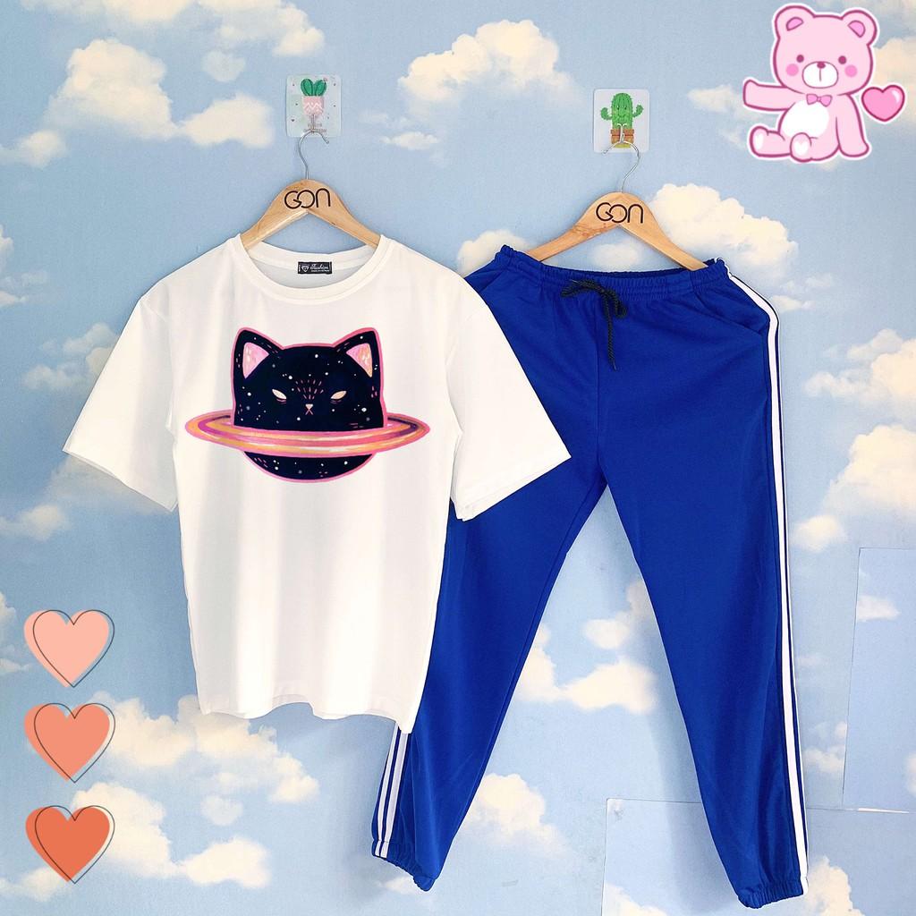 Set áo tay lửng quần thun 2 sọc XANH unisex, quần dài 2 sọc, 3 sọc Áo tay lỡ và quần thể thao