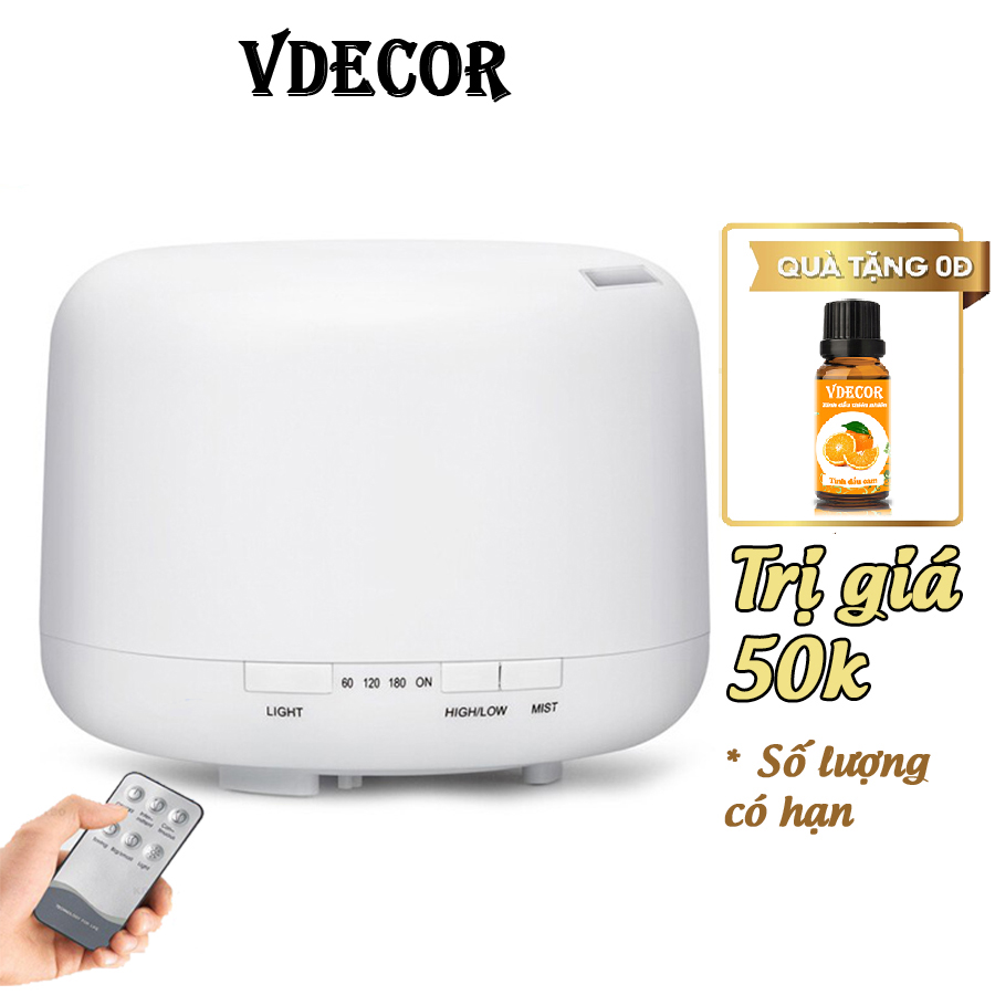 Máy xông tinh dầu Vdecor trụ Ngọc Tuyết siêu âm cao cấp tích hợp led 7 màu | kèm remove | TẶNG TINH DẦU