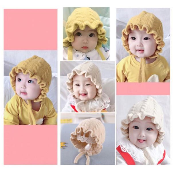 Nón mũ len bèo buộc dây xinh xắn cho bé, Nón len bèo tiểu thư cho bé mẫu mới