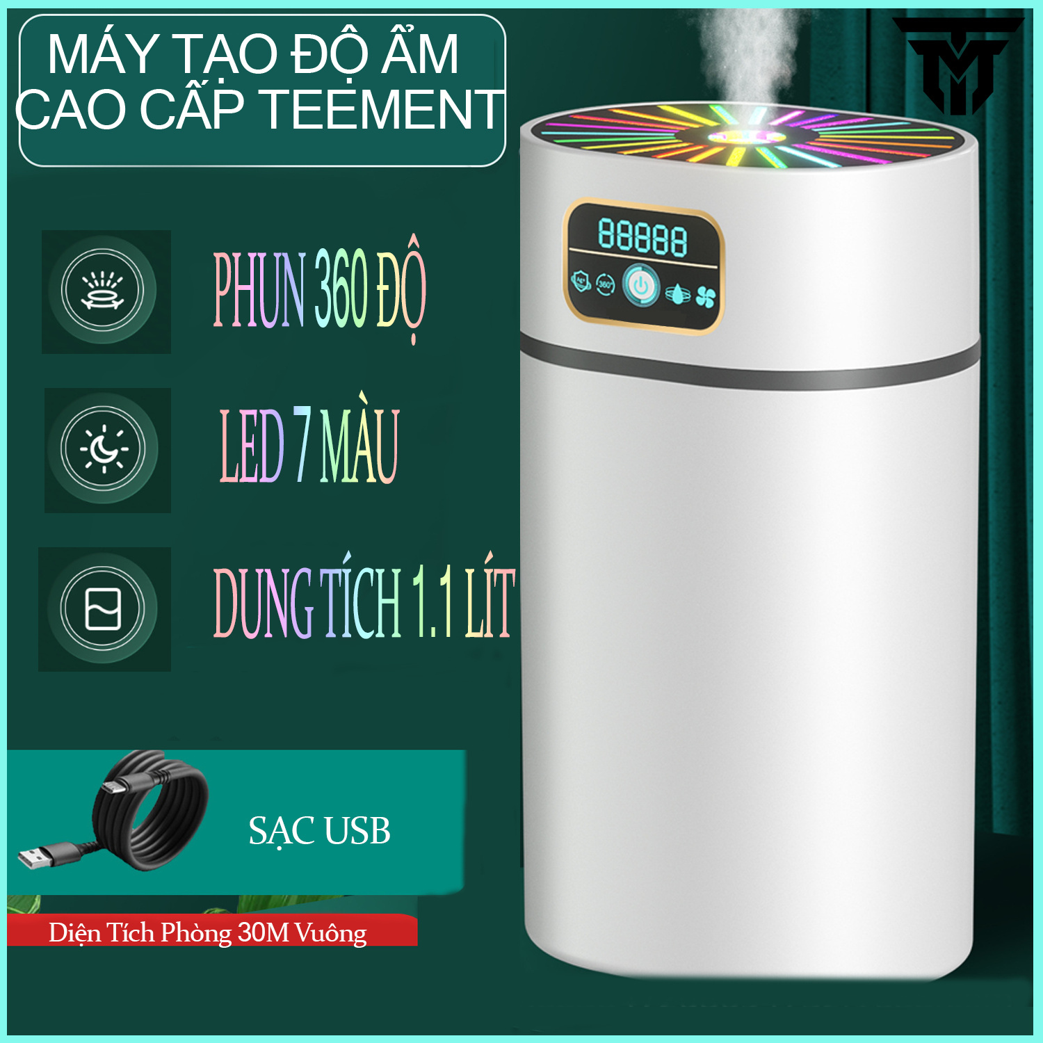 Máy Phun Sương Tạo Ẩm Không Khí Teement , Máy Xông Và Khuyếch Tán Tinh Dầu Dung Tích 1.1 Lít Với 3 Chế Độ Phun, Tích Hợp Đèn Ngủ Tự Thay Đổi Màu Sắc, Độ Ồn Thấp, Phun Liên Tục 8h Và Tự Ngắt Khi Hết Nước, Sạc Usb Tiên Lợi,  - Hàng Chính Hãng