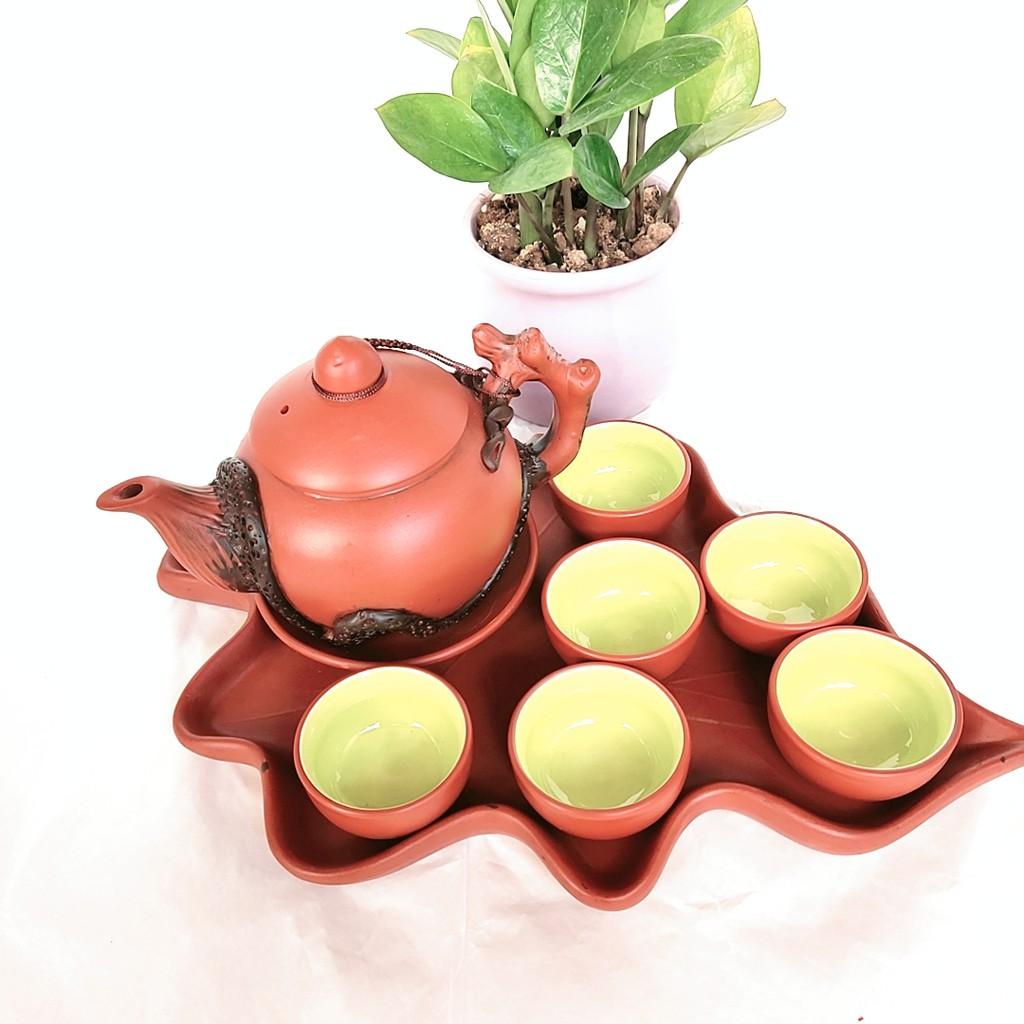 Gốm tử sa - Bộ ấm chén tử sa đắp nổi khay hình lá tuyệt đẹp - Dung tích 500 ml