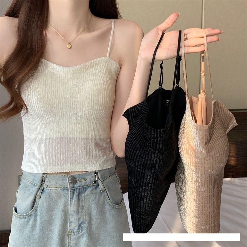 Áo Bra 2 dây NHUNG TĂM LẤP LÁNH, áo dáng lửng có đệmngực, quai có thể điều chỉnh có nhiều màu để chọn lựa, Nữ Women Top Cotton