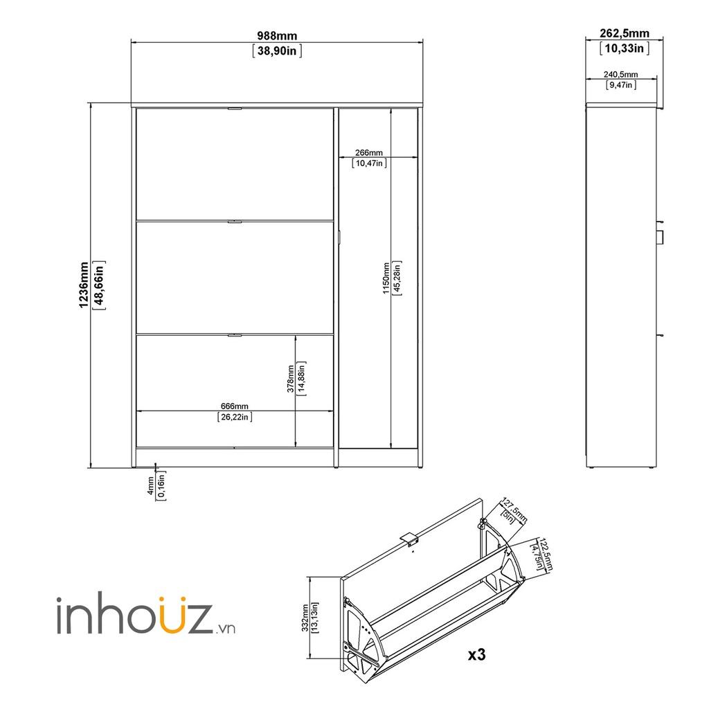 Tủ giày gỗ 3 cánh lật kèm 4 hộc tủ - Shoe Storage Cabinet - INHOUZ - HOTG0005