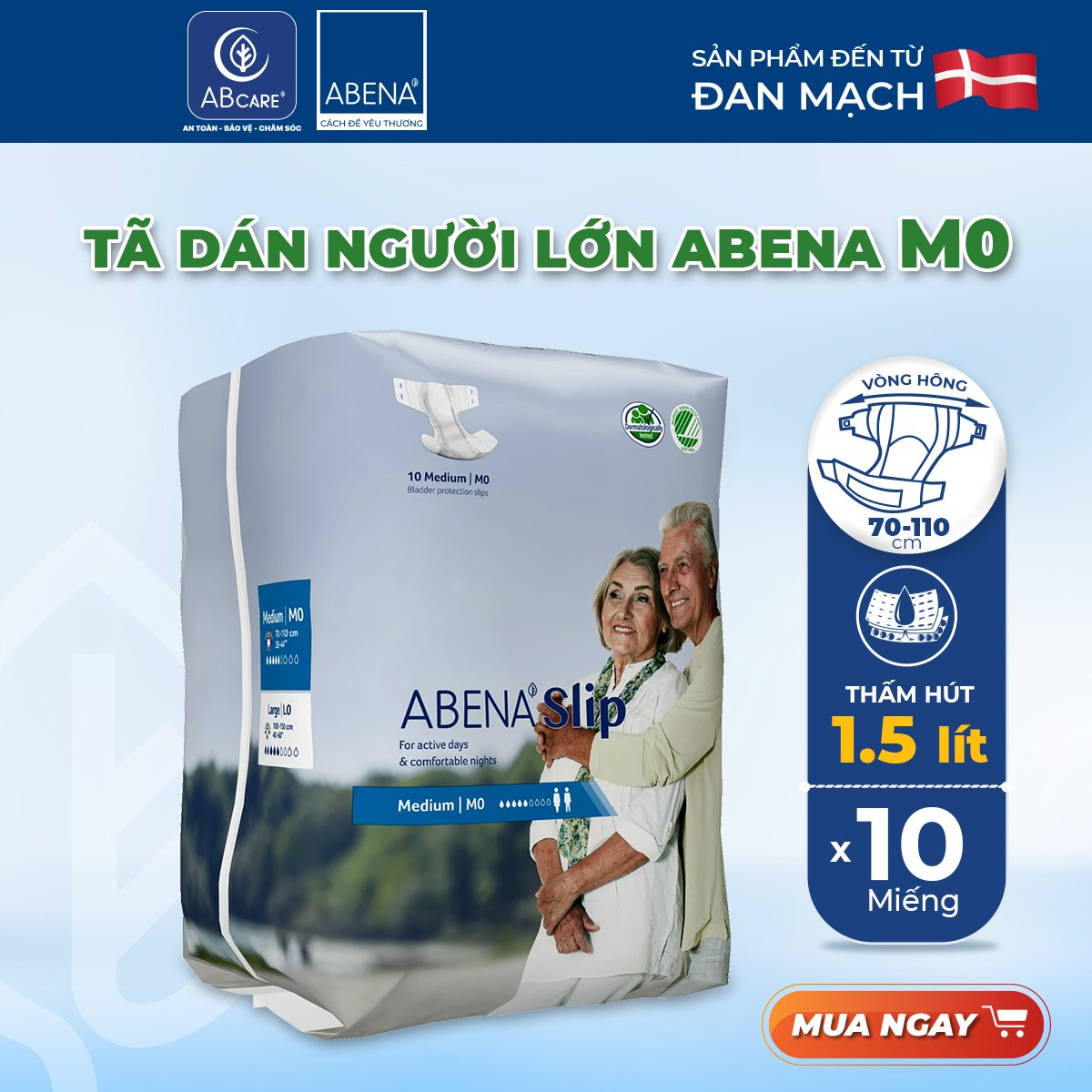 Tã dán người lớn, người già, sau sinh Abena Slip gói 10 miếng Nhập khẩu Đan Mạch