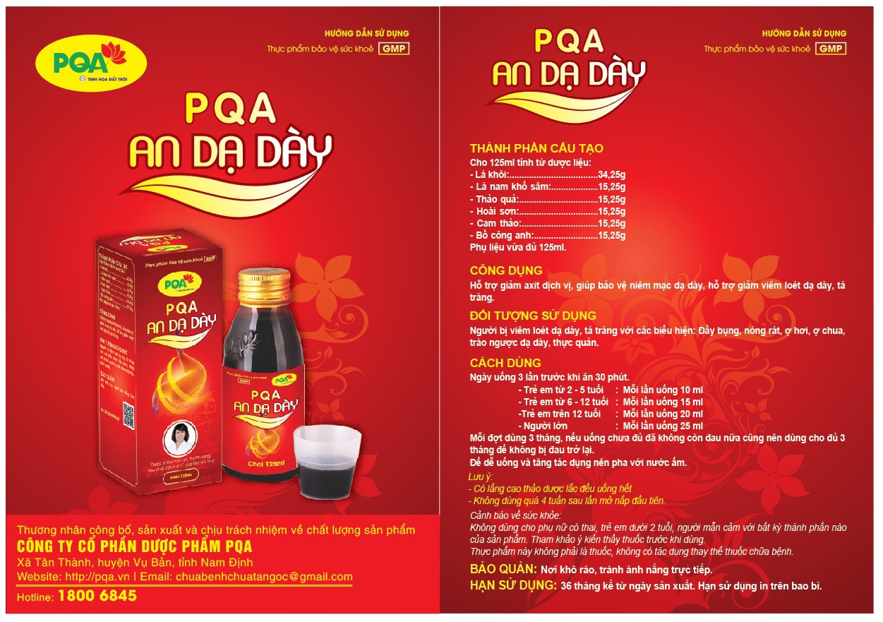 PQA An Dạ Dày là dược phẩm siro thảo dược dùng cho người bị viêm loét dạ dày, tá tràng có tác dụng hỗ trợ hạn chế axit dịch vị, bảo vệ niêm mạc dạ dày, viêm loét dạ dày, tá tràng.