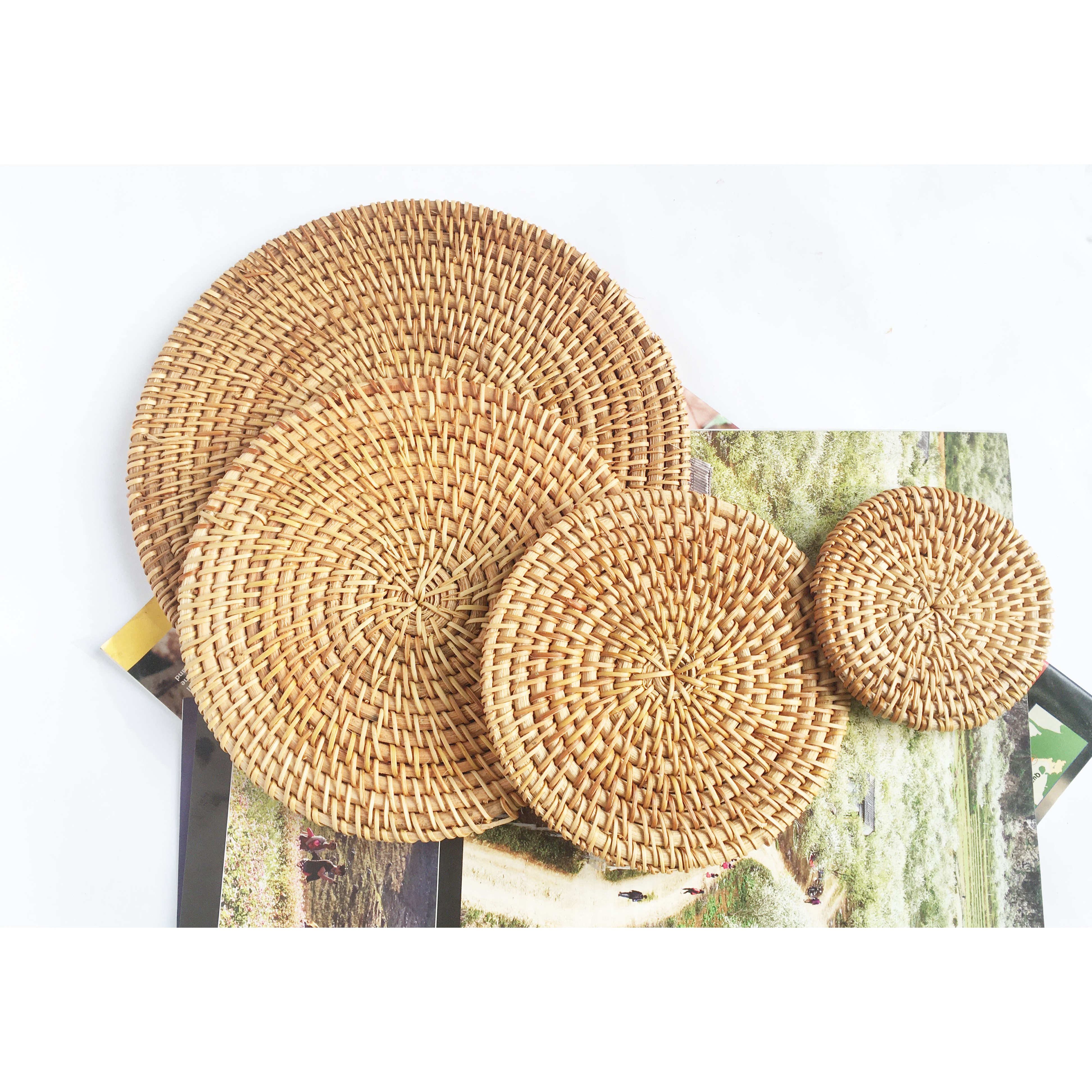 Tấm lót bàn cách nhiệt lót chén dĩa Lót ly mây guột tự nhiên KT 13cm lót, decor chụp ảnh, trang trí phụ kiện bàn ăn