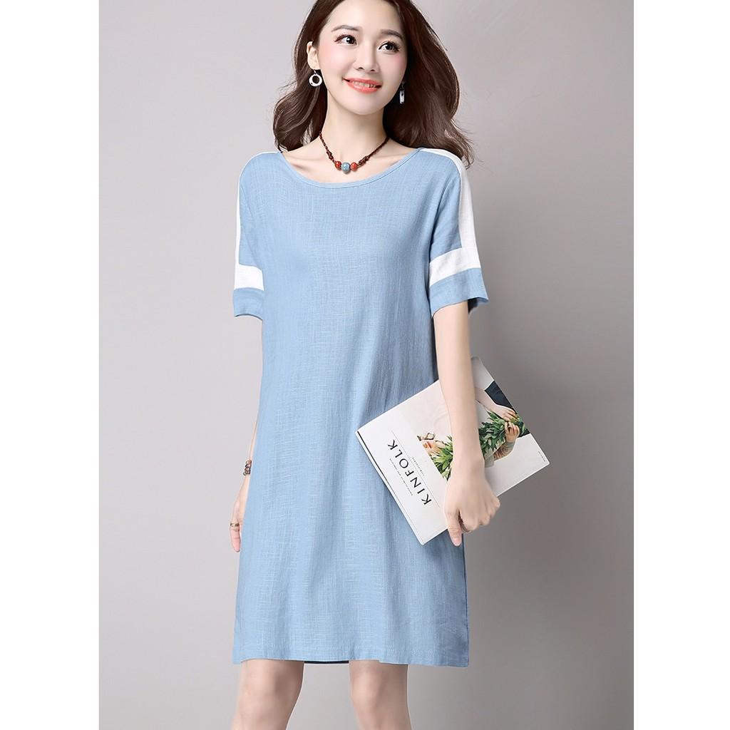 Đầm suông công sở hai túi chéo, chất vải thô đũi mềm mại thích hợp mùa hè, thời trang trẻ