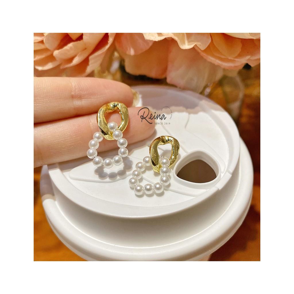 Khuyên tai nữ phong cách Retro kiểu dáng double bạc S925 Reina đính hạt trai cao cấp