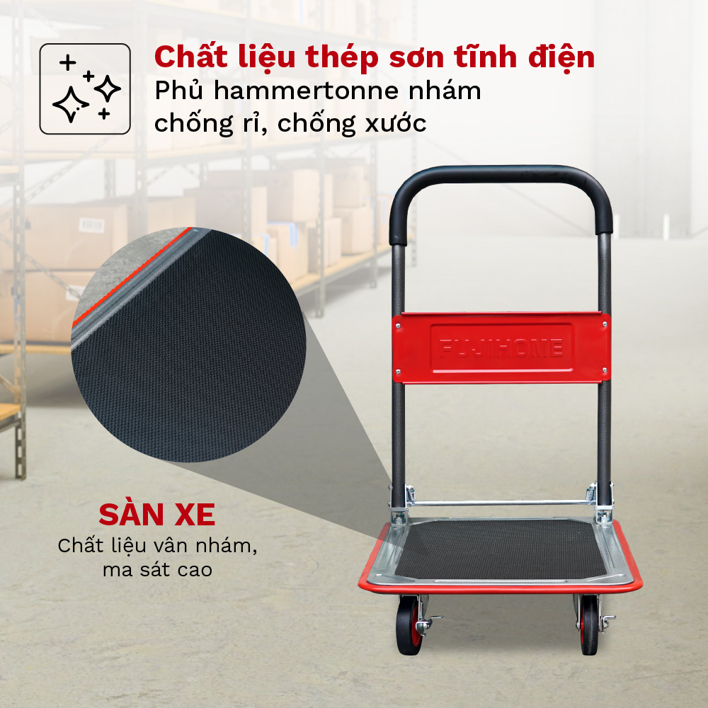 Xe đẩy hàng 4 bánh gấp gọn sàn thép FUJIHOME nhập khẩu, xe kéo hàng xếp gọn, bánh xe có chốt hãm - hàng chính hãng