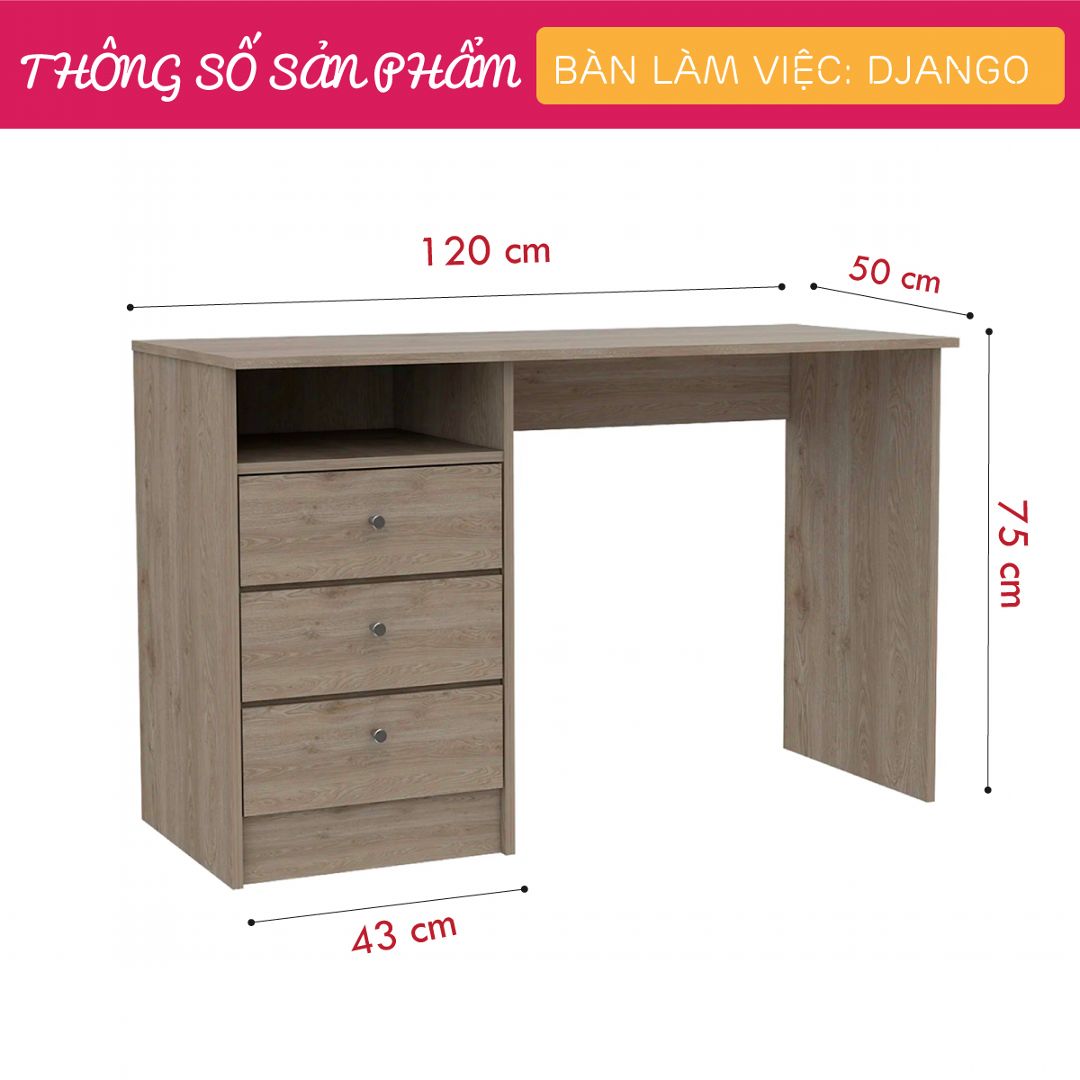 Bàn làm việc, bàn học gỗ hiện đại SMLIFE Django | Gỗ MDF dày 17mm chống ẩm | D120xR50xC75cm