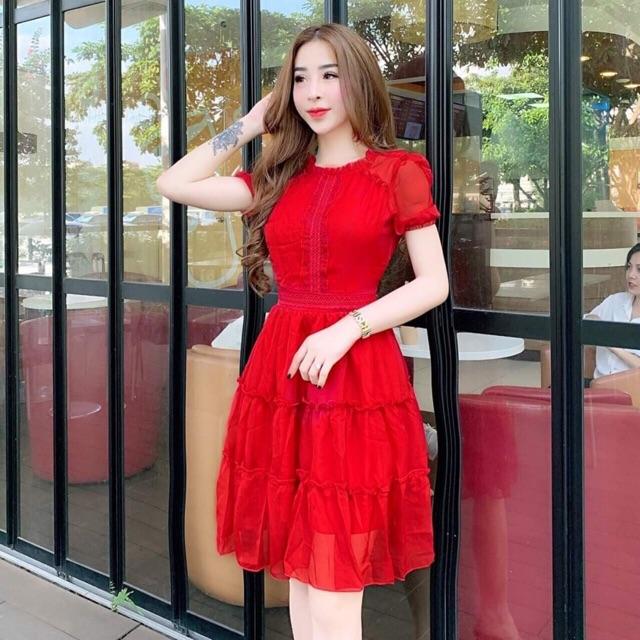 Đầm phối ren nhún bèo 3 tầng xinh lung linh kèm hình thât