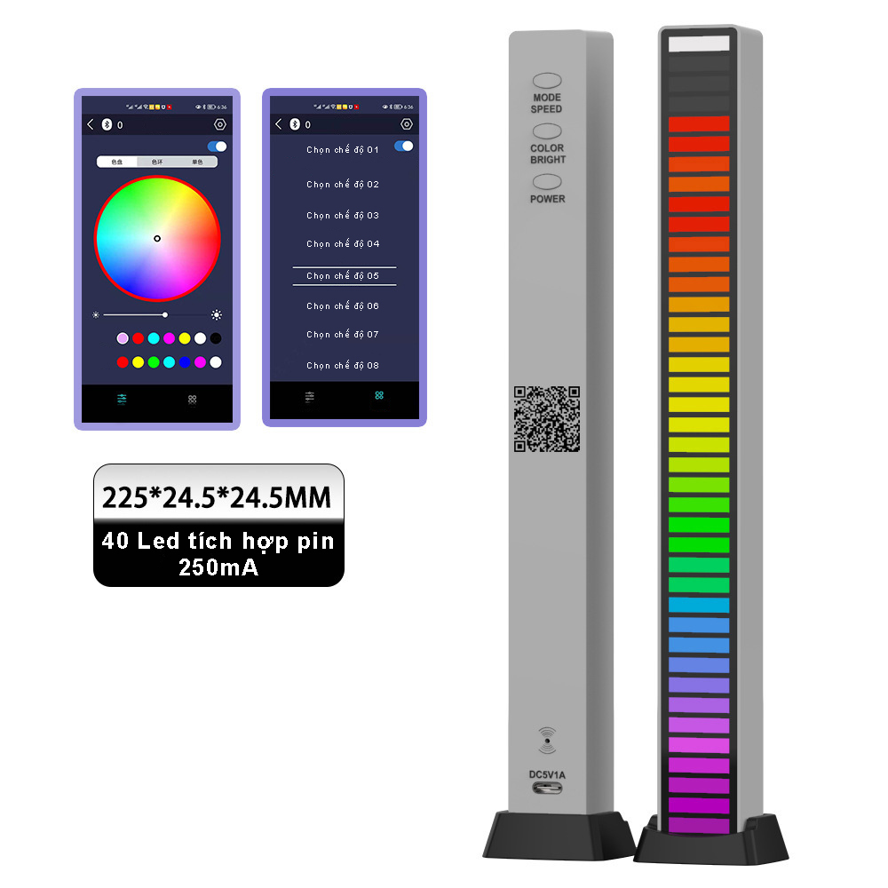 Hình ảnh Đèn led cảm ứng âm thanh GRB 40 led tích hợp pin sạc 5V/250mA, 8 chế độ màu, 4 cấp độ sáng, kết nối với điện thoại qua bluetooth