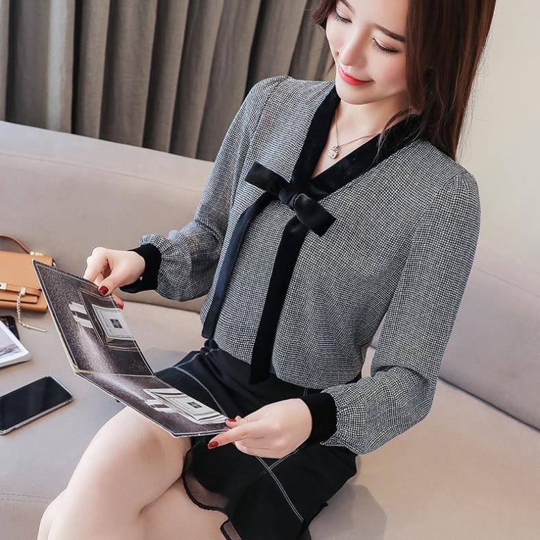 Áo sơ mi nữ thắt nơ tay dài form rộng kiểu Hàn Quốc