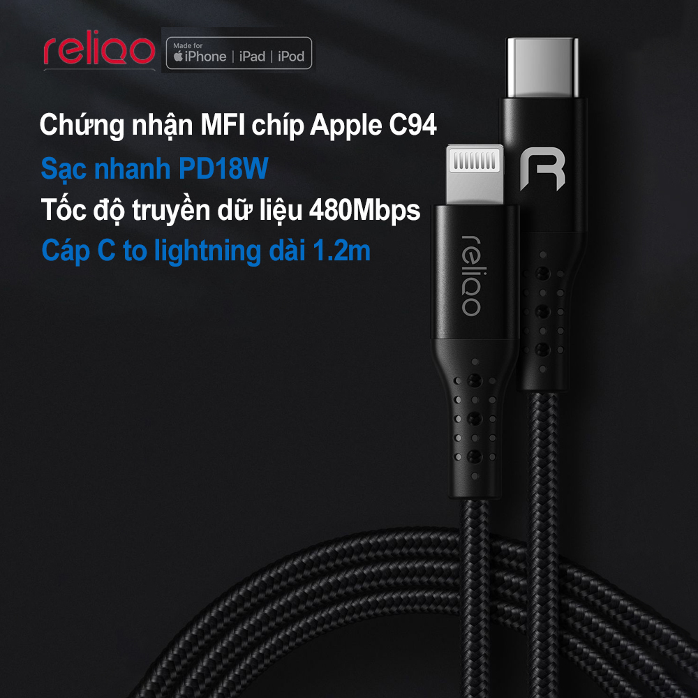 Dây Cáp Truyền Dữ Liệu Sạc Nhanh Reliqo RCA-705 PD18W 1.2m USB - Type C To Lightning Chuẩn MFi Cho IPhone/Ipad/Ipod - Hàng Chính Hãng