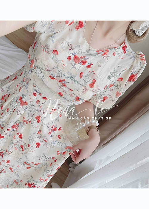 Đầm Maxi Voan Hoa 2 Lớp Tay Phồng Xếp Ly Ngực Thời Trang