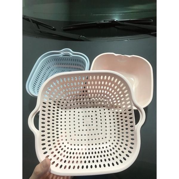 Bộ Thau Rổ 2 Lớp Vuông Nhựa Việt Nhật 2 Món, Bộ Rổ Kèm Chậu Hứng Nước Rau Củ Nhà Bếp Tiện Lợi