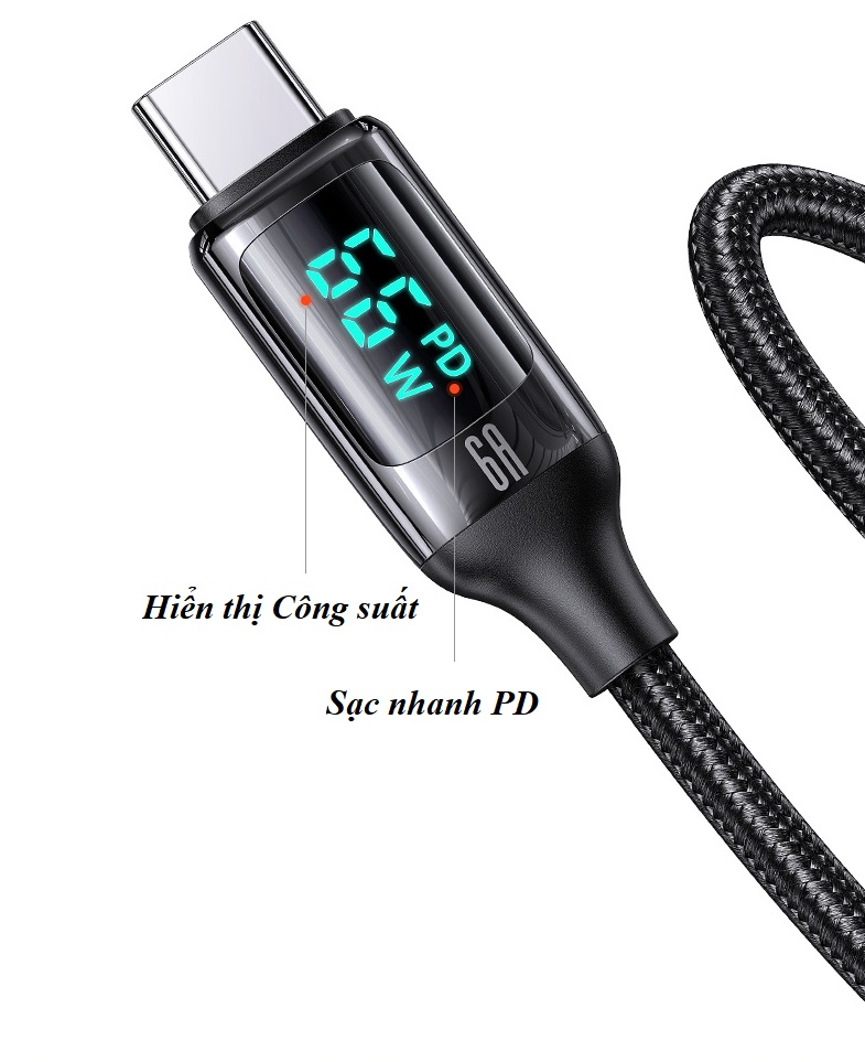 Cáp sạc nhanh C to C 100W  hiển thị công suất sạc (100W, 480Mbps, LED indicator, E-marker chip, QC/PD Quick charge cable )